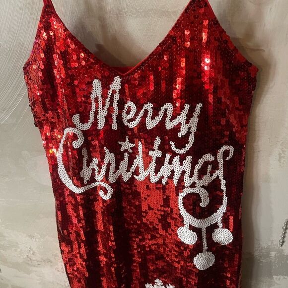 MERRY Christmas Red Sequin Costume Fancy Party Holiday Dress Disco Holiday New - Picture 5 of 11